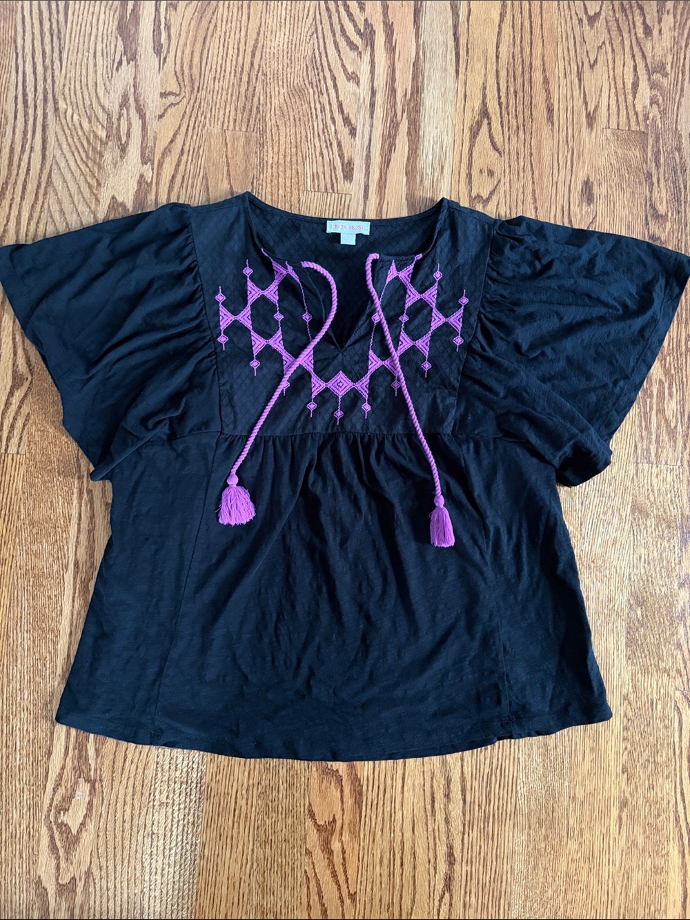 Knox Rose Black Peasant Top with Purple Embroidery